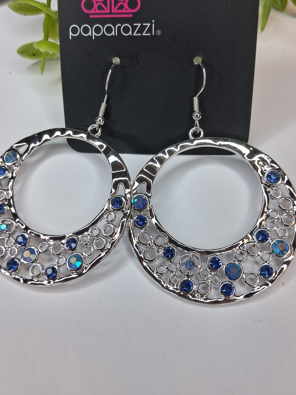 Silver Hoop Earrings With Blue And Iridescent Stones